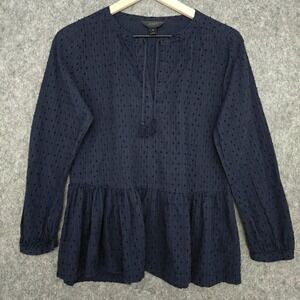 J.CREW Blouse Womens 4 Navy Swiss Dot Peplum Tassel V Neck Long Sleeve Tunic Top